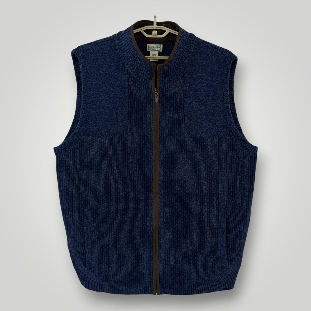 L.L.Bean Sweater Vest Mens 2XL Blue Merino Wool Full Zip Knit